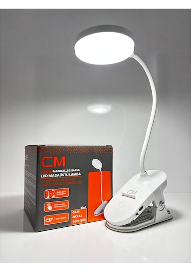 Cm 3 Işık Modlu Led Masa Lambası Mandallı, Usb Şarjlı, Taşınabilir Beyaz