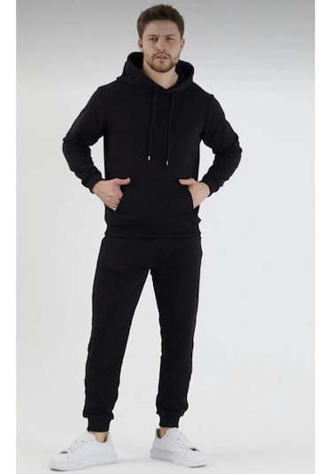 Hırsch Kapüşonlu Siyah Eşofman Takımı Unisex Oversize 2 Iplik Siyah