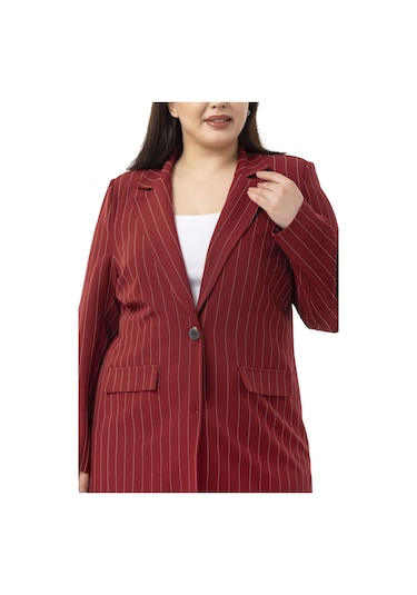 Büyük Beden Çizgili Bordo Ceket Pantolon İkili Takım Bordo