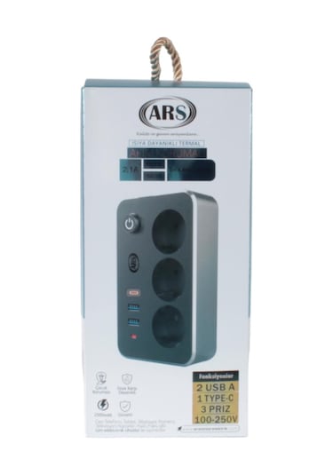 Ars 3 USB 1 Type C Girişli Akım Korumalı 2 Metre 3'lü Kare Priz