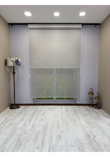 Çift Mekanizmalı Gri Çizgili Desenli Tül Ve Beyaz Stor Perde - İthal Mat Polyester Gri