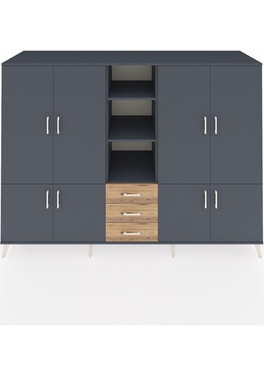 Kronos Dolap 11 Raflı 3 Çekmeceli 8 Kapaklı 220x59x163 Antrasit-a Antrasit-antrasit/çam