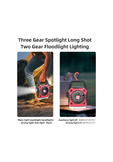 Fosenze Kamp Için Çift Fonksiyonlu Usb Şarjlı Portatif Fan Ve Işık - Siyah/kırmızı