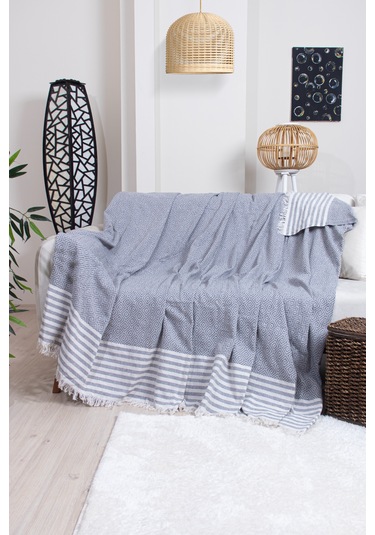 Pamuklu Püsküllü Elmas Desenli Koltuk Örtüsü 170x210 Cm Dekoratif Kanepe, Yatak Ve Tv Örtüsü Koyu Gri