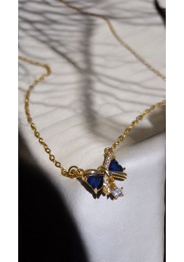 Mavi Taşlı Altın Renk Papyon Figürlü Kolye Zarif Ve Şık Kadın T