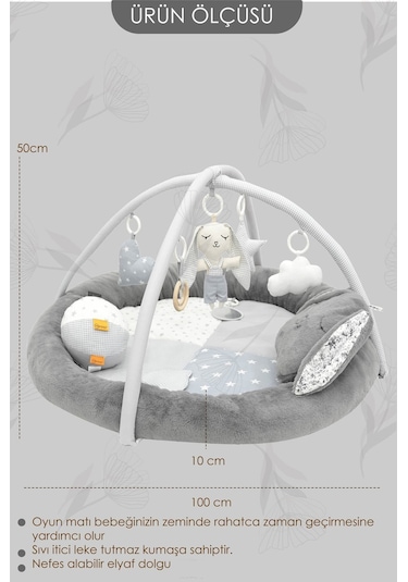 Mordesign Bebek Oyun Alanı, Tavşanlı Bebek Aktivite Matı, Yumuşak Oyun Matı, Baby Gym Serisi, Gri