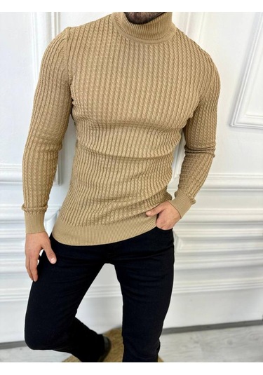 Kazak Slim Fit Tüylenmez Naturel Pamuk Triko Boğazlı Balıkçı Yaka Kazak Kahverengi