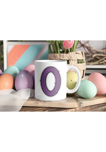 O Harfi Mor Puantiyeli Kupa Bardak - Polka Dot Tasarım Kahve Çay Bardak - Kişiye Özel Hediyelik Beyaz