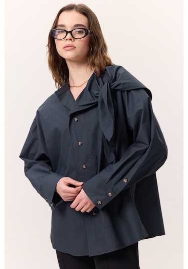 Bağlamalı Detaylı Tasarım Gömlek Lacivert Lacivert