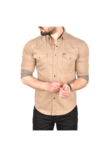Deepsea Erkek Bej Slim Fit Pamuklu Cepli Kot Gömlek Çıtçıtlı Uzun Kollu Spor Gömlek 2502503 Bej