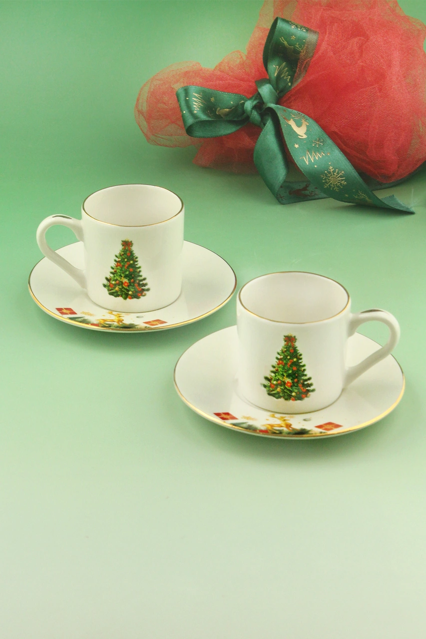 Christmas Tree Altın Yaldızlı İki Kişilik Kahve Fincan Takımı Beyaz - Altın