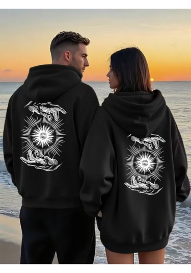 Nevermind Sevgili Çift Kombini Güneş ve El Desenli Hoodie Kapüşonlu Sweatshirt 2li Set Takım 3 İplik Pamuk Siyah