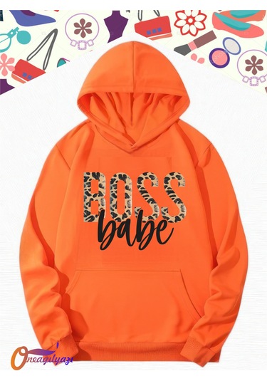 Boss Leopar Kadın Sweatshirt Hoodie Turuncu