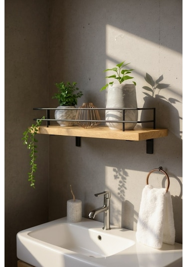 Modern Tasarımlı Metal Korkuluklu Ahşap Duvar Rafı Safir Meşe