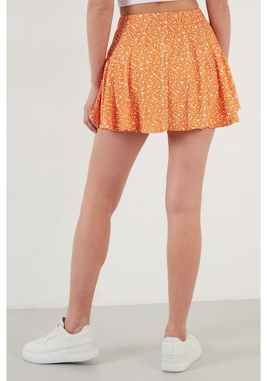 Lela Desenli Beli Lastikli Slim Fit Mini 2'Li Paket Bayan Şort Etek 5864024S2 Oranj-Benetton