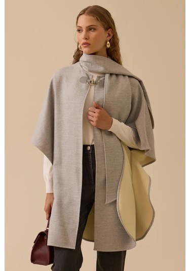 Kadın Tokalı Şal Detaylı Panço - Gri Gri