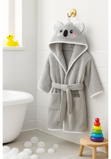 Kapşonlu Hayvan Desenli Çocuk Banyo Deniz Plaj Bornozu %100 Pamuklu Gri