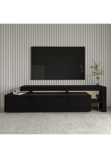 Beliz Modern LED Işıklı 3 Kapaklı, Raflı TV Sehpası – 192 cm, Ahşap Siyah