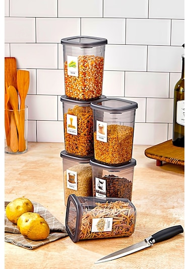 6 Adet Etiketli Square Kare Erzak Saklama Kabı Seti 1200 Ml - Sert Kapak 1.2 Litre Çok Renkli