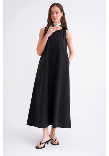 4690 Kadın Bisiklet Yaka Sıfır Kol Midi Paraşüt Elbise Siyah Siyah