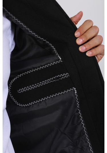 Erkek Siyah Dar Kesim Yün Karışımlı Kaşe Gömlek Yaka Palto Kaban-Siyah