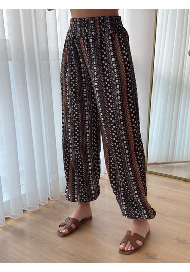 Sensuelle Kadın Yüksek Bel Etnik Desenli Geniş Dökümlü Bürümcük Pantolon Çok Renkli
