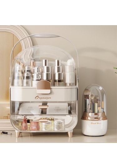 Çekmeceli Kozmetik Organizer Makyaj Kutusu Fırça Takı Ve Aksesuar Düzenleyici Bej