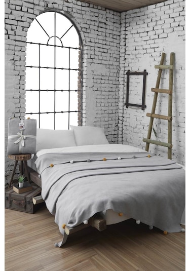 Aksu Tek Kişilik Ponponlu Pike Battaniye 150x200 Gri