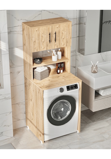 Reyo Enda Home Çamaşır Makinesi Dolabı 3 Raflı Banyo Dolabı Çam