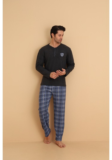 Flkn 7015 İnterlok Kışlık Ekose Pijamalı Erkek Pijama Takımı Antrasit