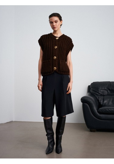60961 Cep Detaylı Örgü Triko Süveter-koyu Kahve Koyu Kahve