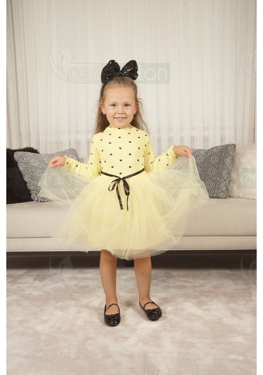 Kız Bebek-çocuk Uzun Kollu Doğum Günü Ve Özel Günler İçin Kalpli Tüllü Astarlı Elbise Sarı