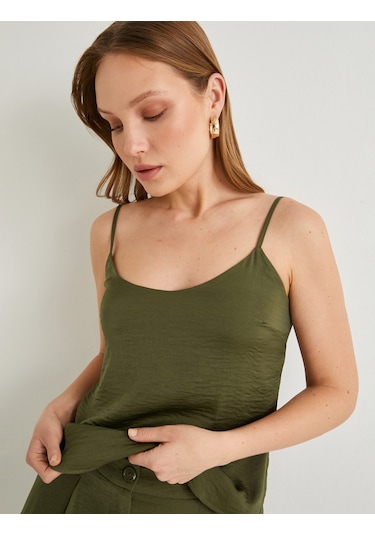 Koton İnce Askılı Bluz Dokulu Haki 4sak30001pw Haki