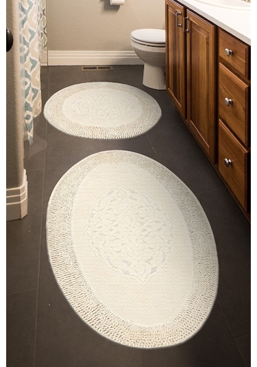 Tiffany Oval 2'li Pamuklu Klozet Takımı Krem Banyo Paspas Seti 60 x 100 / 50 x 60 CM Krem