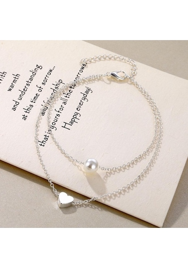 Novahub Gümüş Moda İnci Aşk Çift Katmanlı Entegre Halhal Aksesuarları Bayanlar Kişilik Vahşi Gümüş