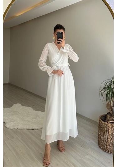 Neşeli Butik Kadın Uzun Kollu Kuşaklı Maxi Şifon Elbise Nm001 Beyaz