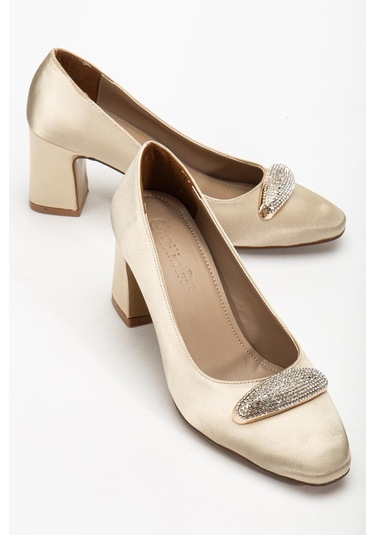 Kadın Siletto Topuklu Ayakkabı Gold Saten Taşlı Kalın Topuklu-4167 Gold Parlak