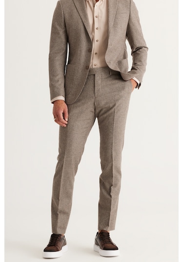 Erkek Kahverengı Slim Fit Dar Kesim Mono Yaka Kareli Yünlü Takım Elbise Kahverengi