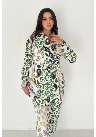 Etnik Desen Baskılı Keten Takım Yeşil Yeşil
