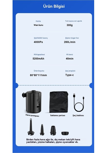 Lyon Dijital Açık Mini Hızlı Pompa Hava Yastağı Yüzme Halkası Kablosuz Taşınabiler Siyah