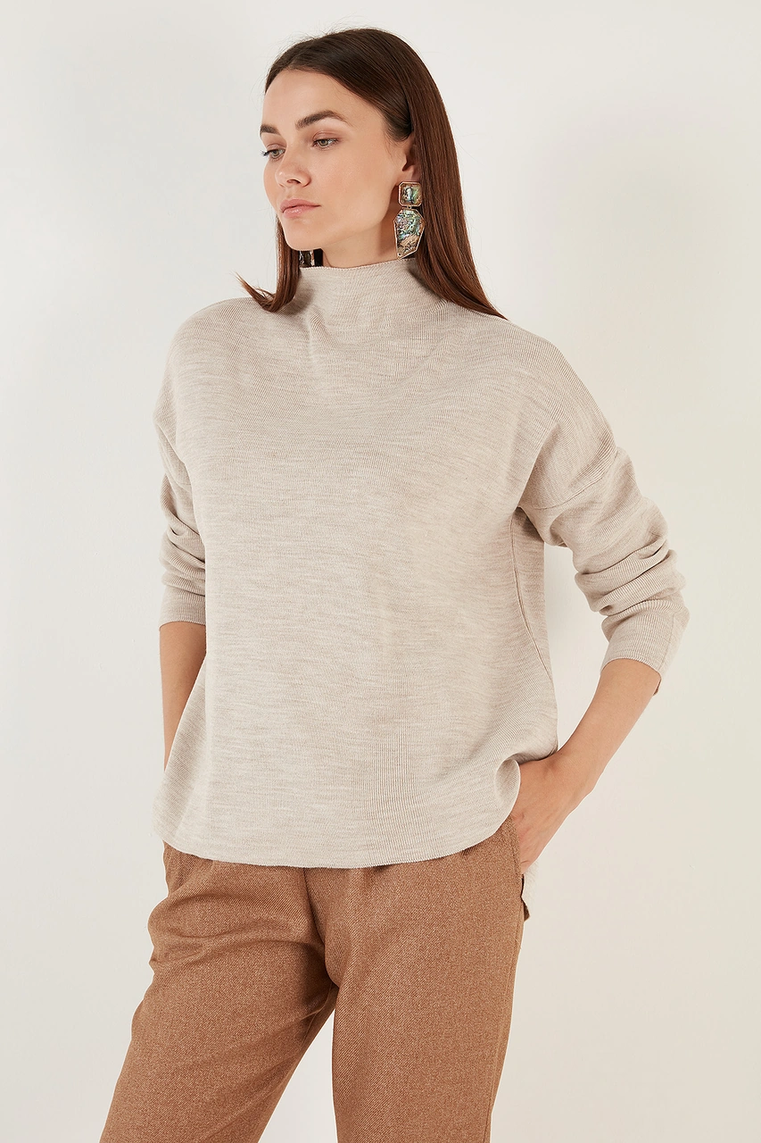 Lela Pamuklu Arkası Uzun Dik Yaka 2'Li Paket Triko Bayan Kazak 4615002S2 Bej-Mürekkep