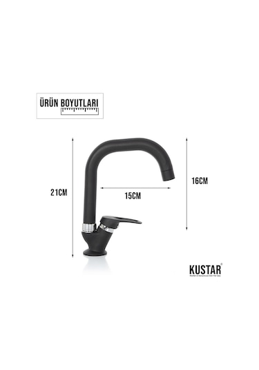 Kustar Siyah Mermerden Tek Su Girişli Kare Baston Lavabo Musluğu Siyah