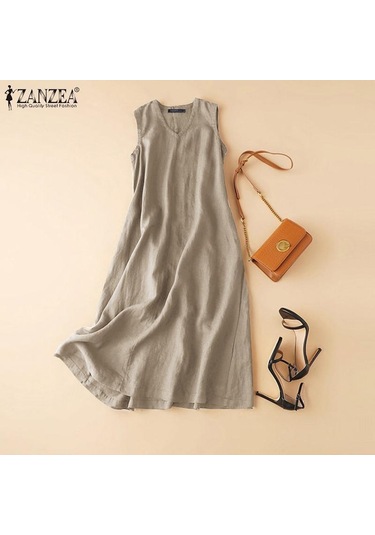 Zanzea Pamuk Elbise Kadın Yaz V Yaka Kolsuz Tank Elbise BEJ