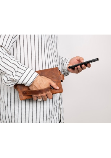 Prestige Hakiki Deri, El Yapımı, Telefon Bölmeli, Erkek El Çantası, Antik Kahve Kahverengi