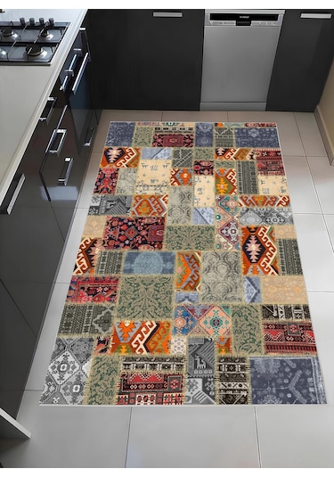 Renkli Patcwork Desen Modern Halı Dekoratif Kilim Çok Renkli