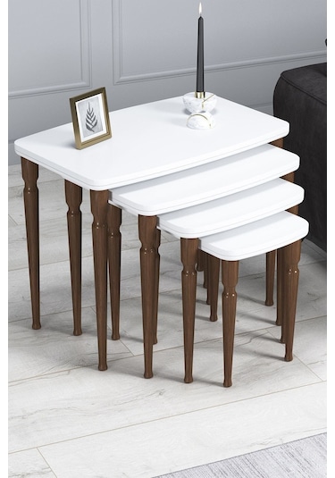 Imaj Mdf Ve Lake Boya, Beyaz 4lü Zigon Sehpa Takımı, Ceviz Gürgen Ayaklar Beyaz