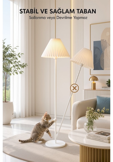 Lora Metal Lambader 150 Cm Tek Ayaklı Umbrella Krem Kırma Kumaş Başlık Abajur Lam04