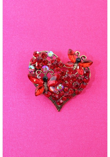 Kelebekli Kalp Broş. Kırmızı Yakut Taşlı Kelebekli Kalp Yaka İğnesi Broş. Kadın Kalpli Kelebek Broş Çok Renkli