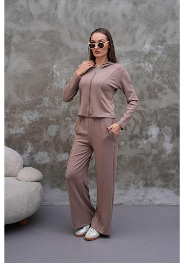 Elaxi Modal Kumaş Slim Fit Kapüşonlu İkili Takım VİZON