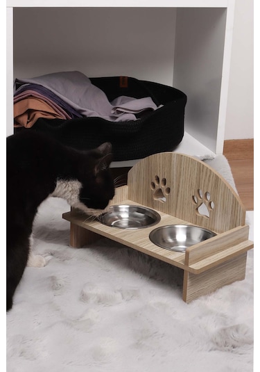 Ahşap Kedi Köpek Mama Su Kabı Standı, Metal Suluk, Kedi Köpek Halısı
